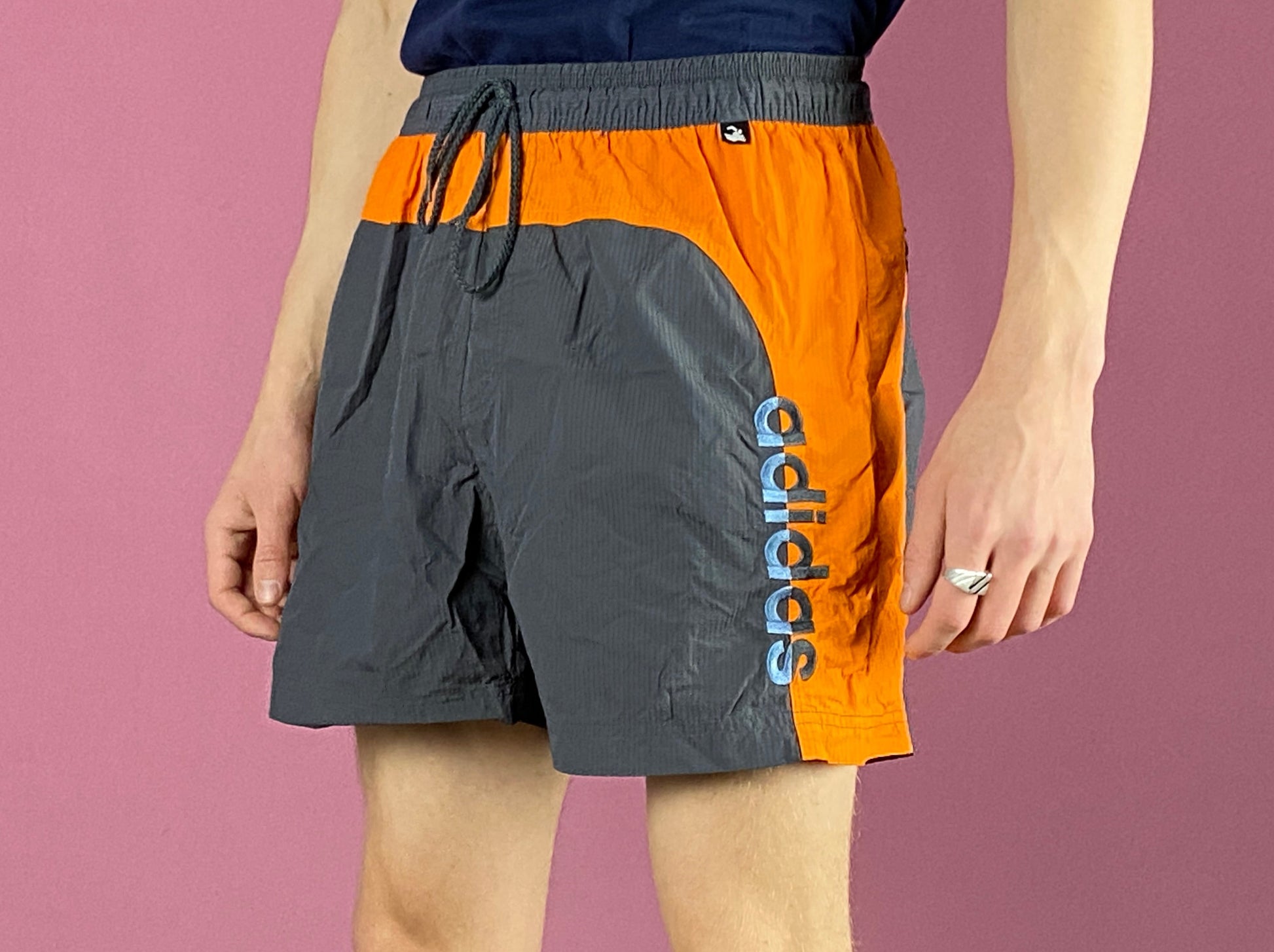 Adidas Vintage Men's Track Shorts - Medium Gray & Orange Nylon