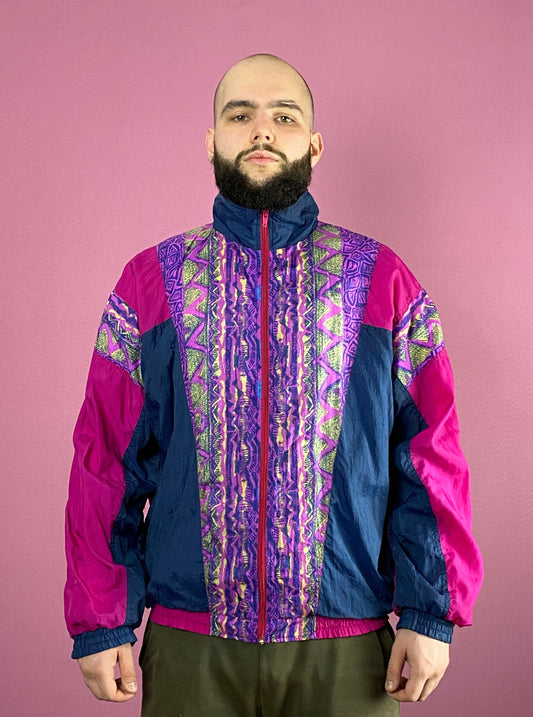 90s Europene Line Vintage Men's Abstract Windbreaker Jacket - XL Pink & Navy Blue Nylon