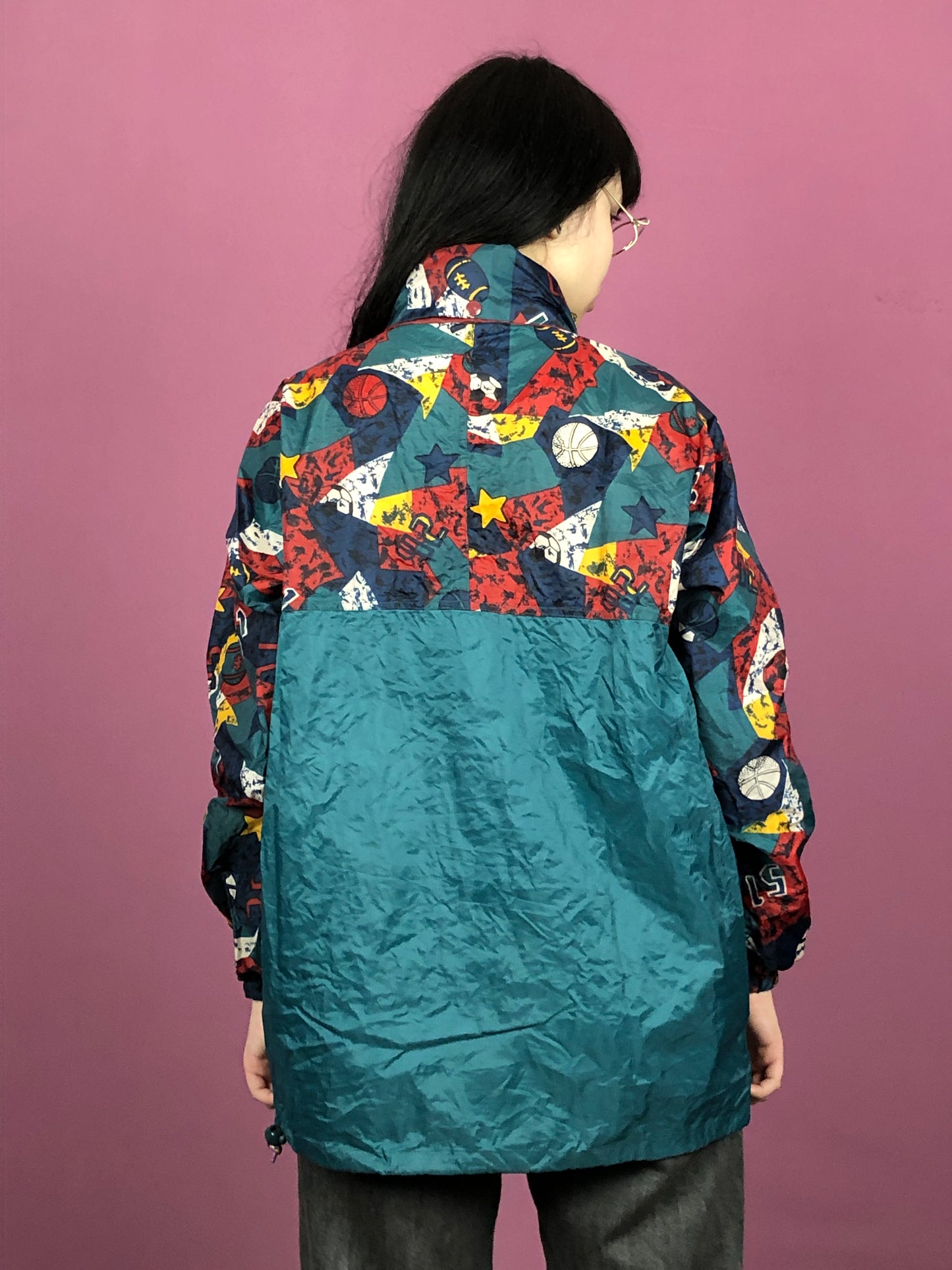 90s Vintage Women's Abstract Rain Jacket - Medium Green Nylon