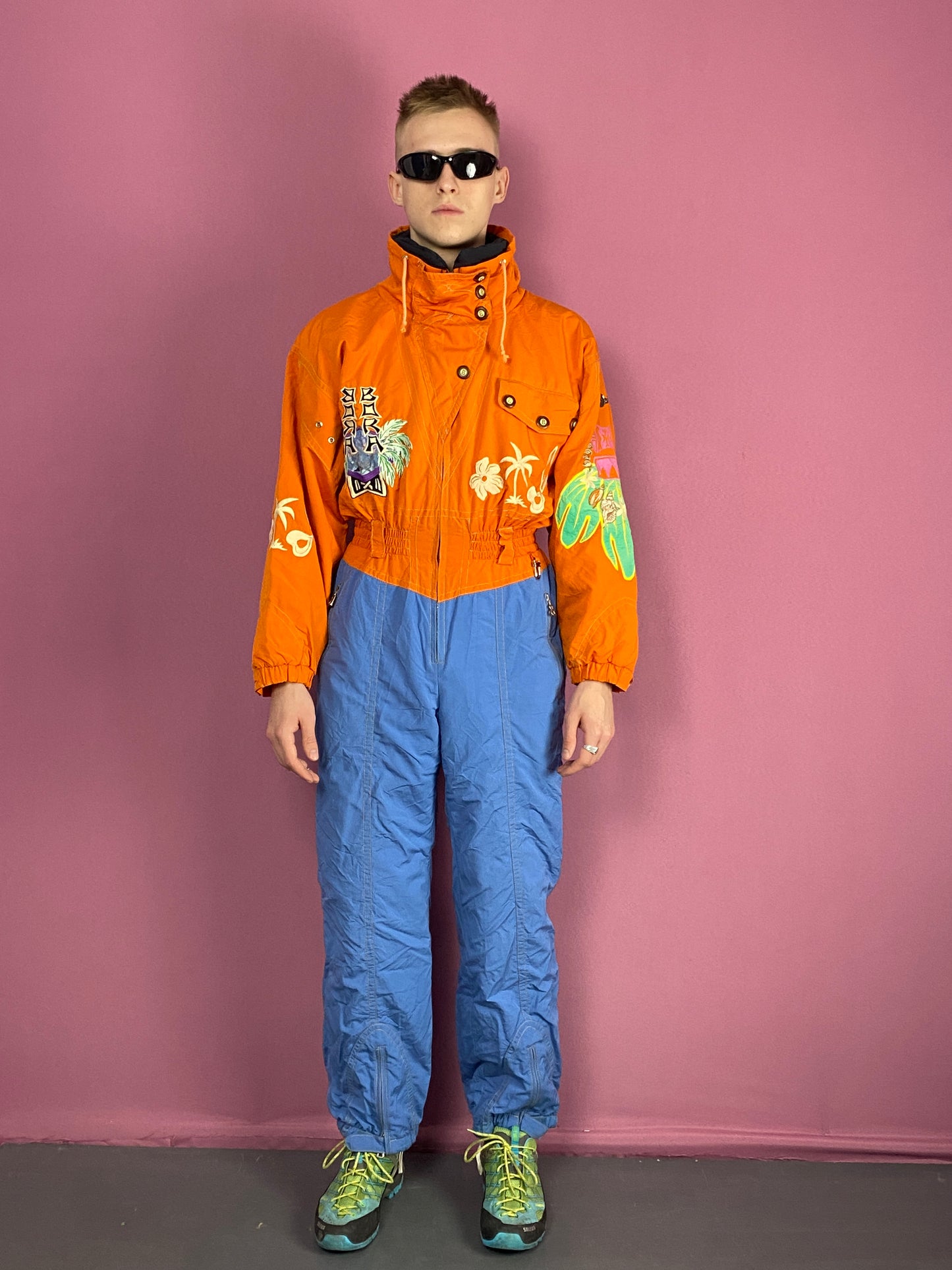 Bonger Vintage Men's One Piece Ski Suit - Large Orange & Blue Nylon