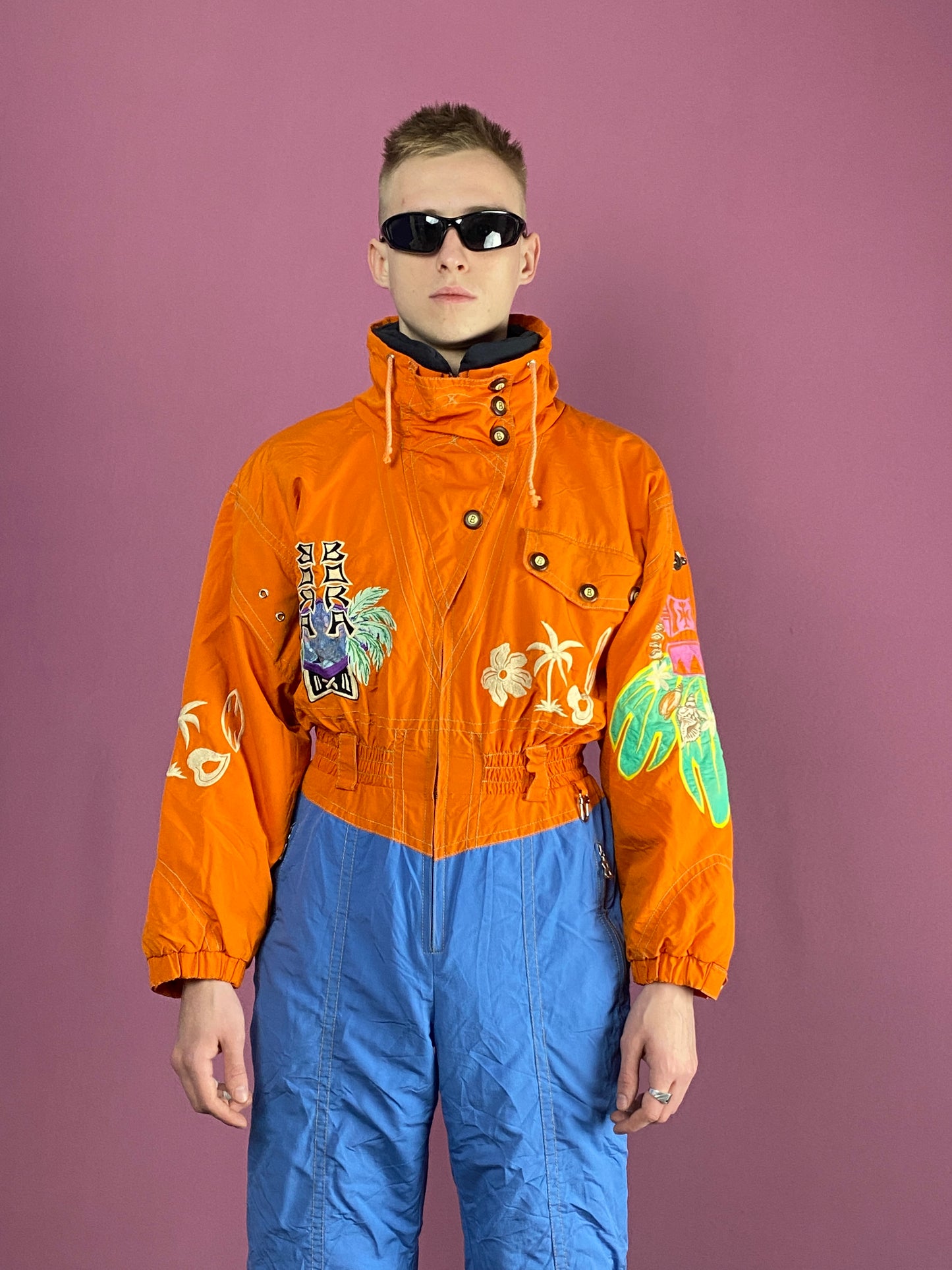 Bonger Vintage Men's One Piece Ski Suit - Large Orange & Blue Nylon