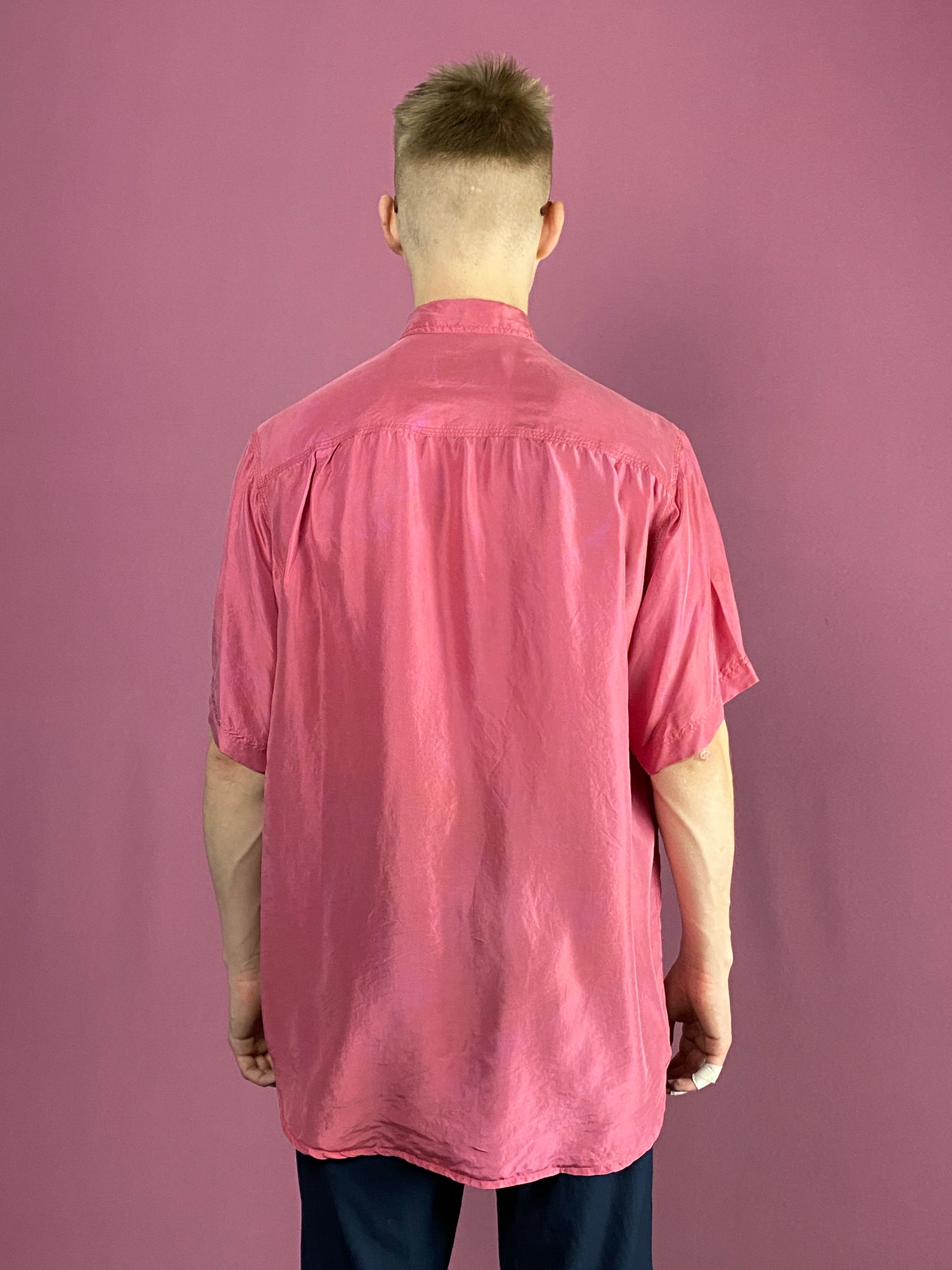 90s Manhattan Vintage Men's Short Sleeve Shirt - Medium Pink Silk