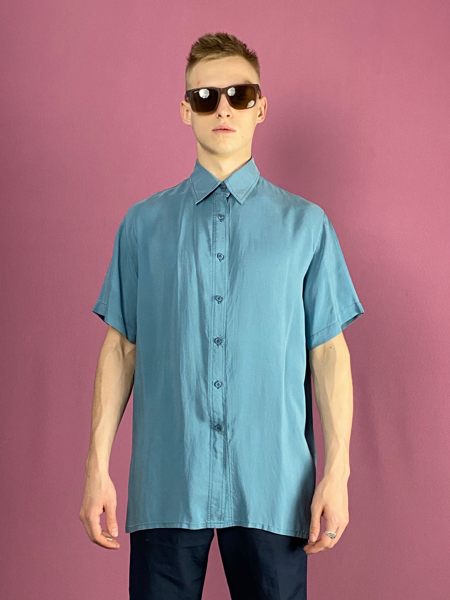 90s Vintage Men's Short Sleeve Shirt - Medium Blue Silk