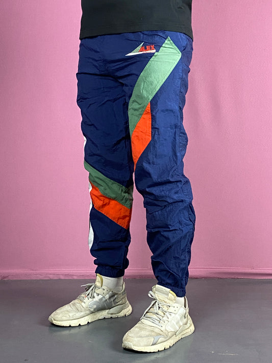 90s Alex Vintage Men's Track Pants - M Navy Blue & Multicolor Nylon