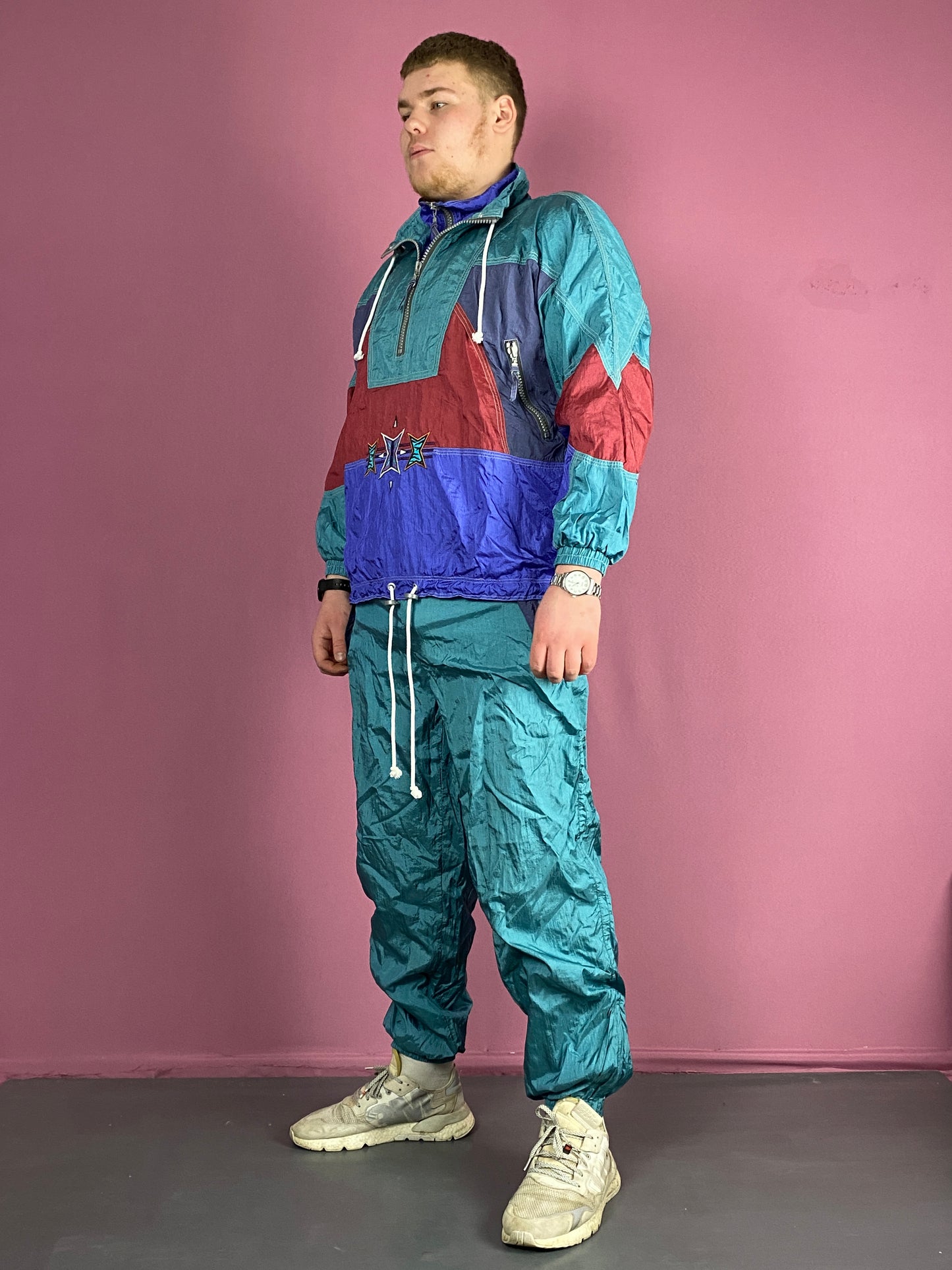90s Vintage Men's Track Suit Set - Large Multicolor & Blue Nylon