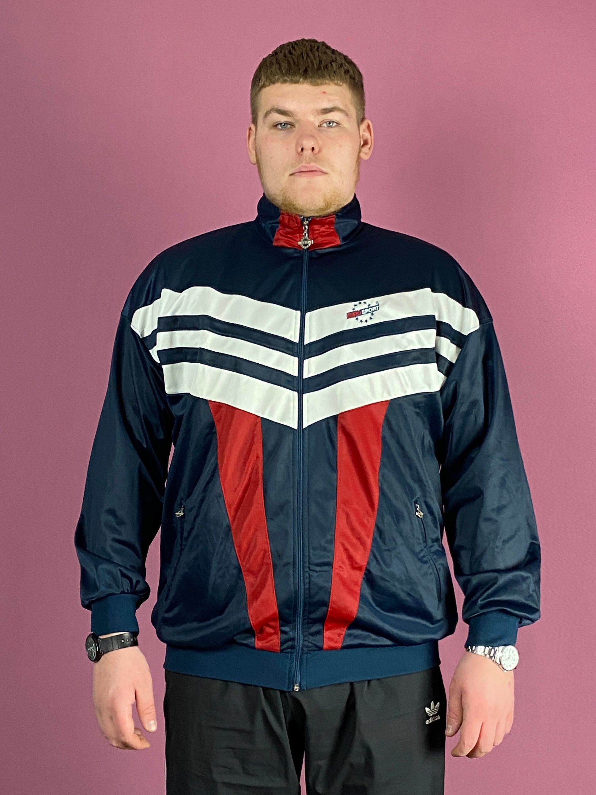 90s Euro Sport Vintage Men's Track Jacket - XL Navy Blue Polyester