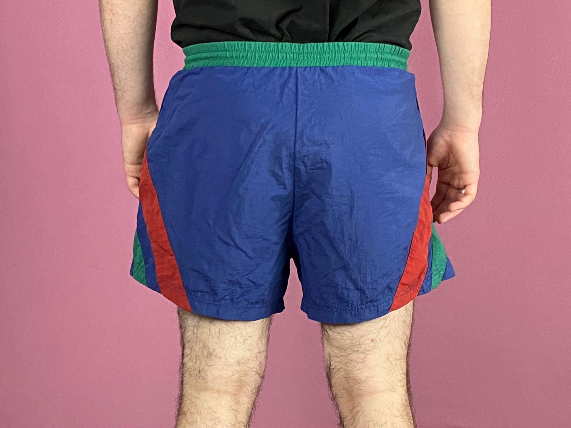 90s Vintage Men's Track Shorts - Medium Navy Blue Nylon