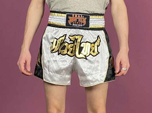 90s Battle Vintage Men's Muay Thai Boxing Shorts - Medium White Nylon