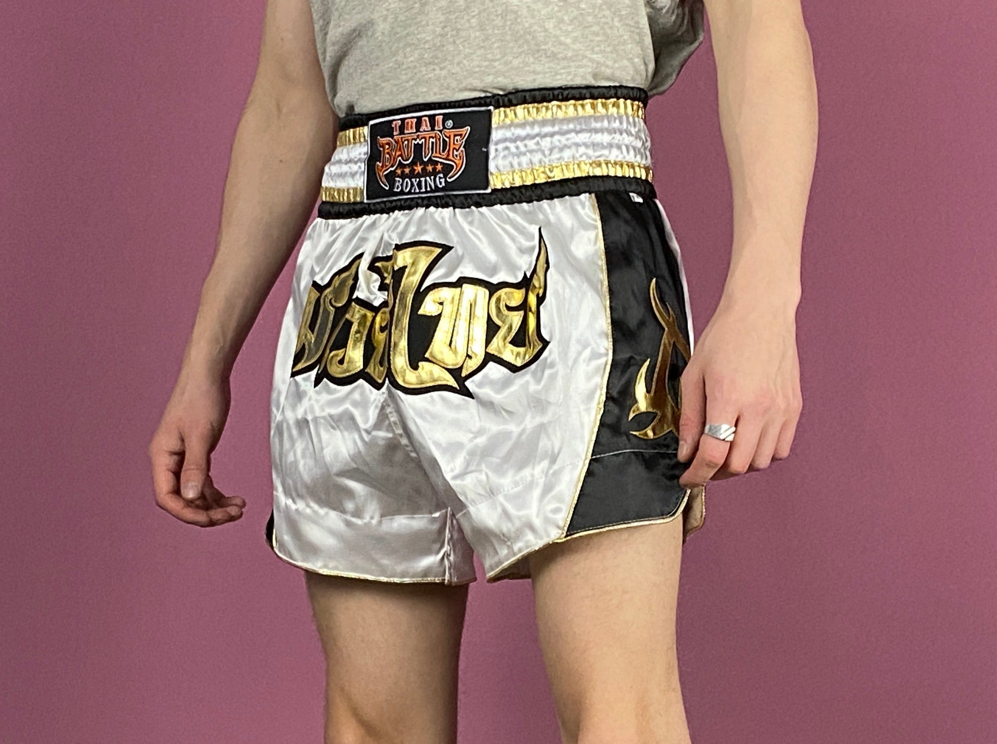 90s Battle Vintage Men's Muay Thai Boxing Shorts - Medium White Nylon