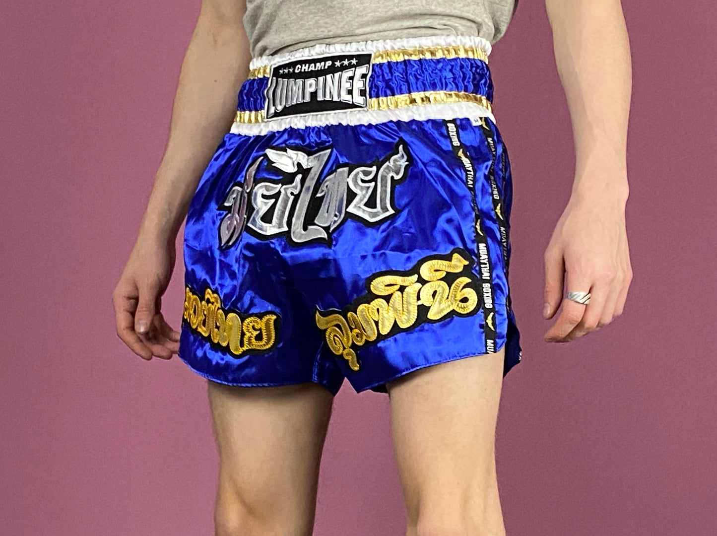 Lumpinee Vintage Men's Muay Thai Boxing Shorts - Medium Blue Nylon