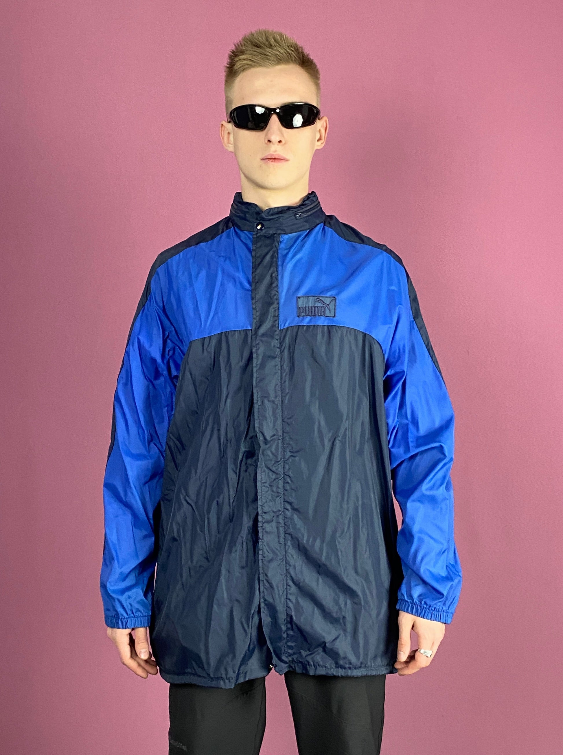 80s Puma Vintage Men's Rain Jacket - Large Navy Blue Nylon