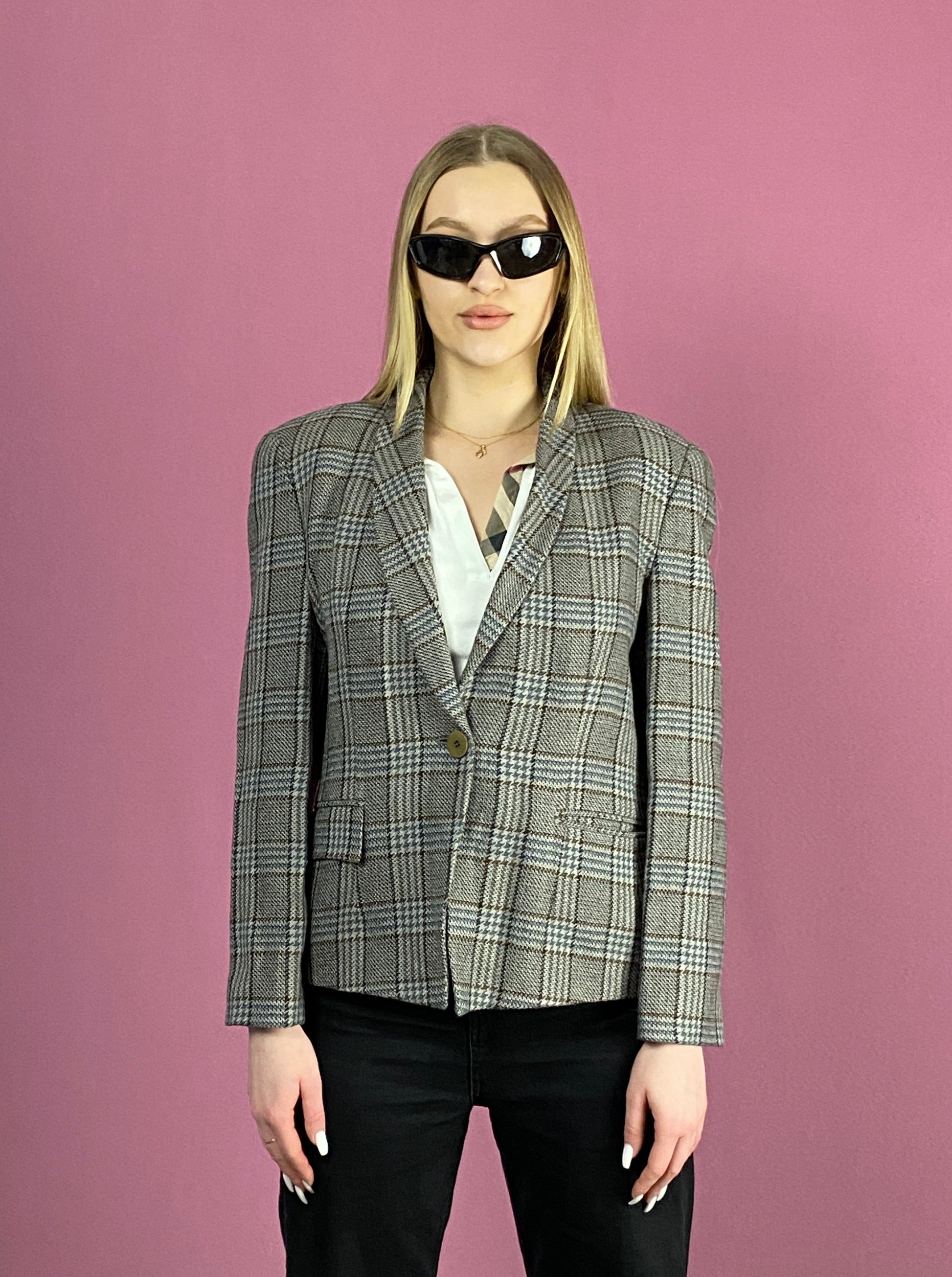 90s Giorgio Armani Vintage Women's Plaid Blazer Jacket - Medium Gray Wool