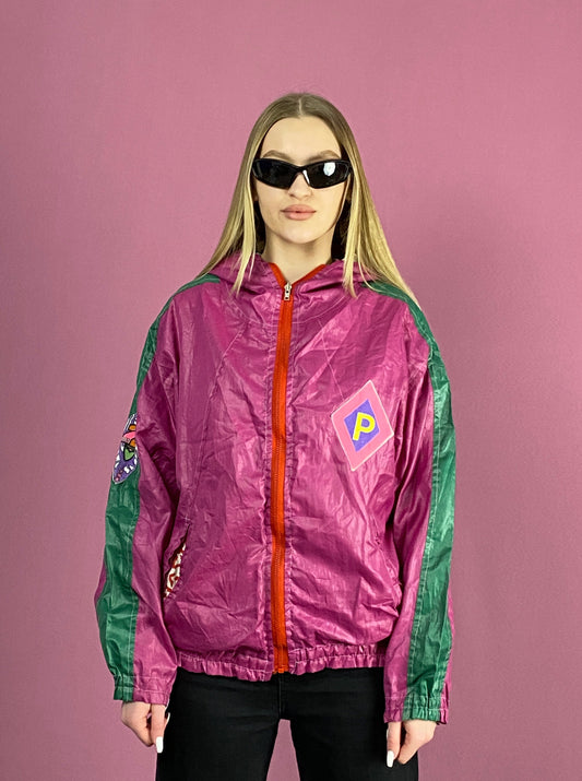 90s Vintage Women's Hooded Windbreaker Jacket - Medium Pink Nylon