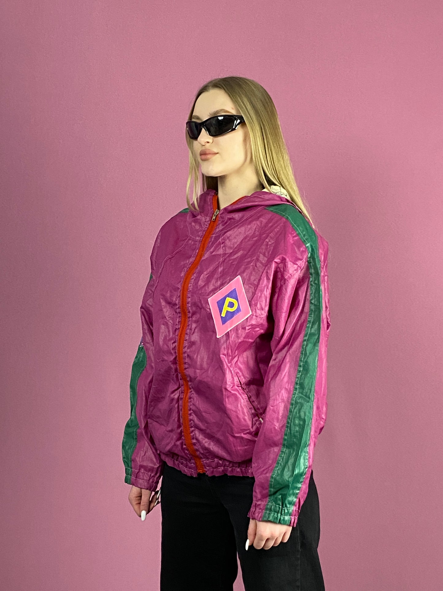 90s Vintage Women's Hooded Windbreaker Jacket - Medium Pink Nylon