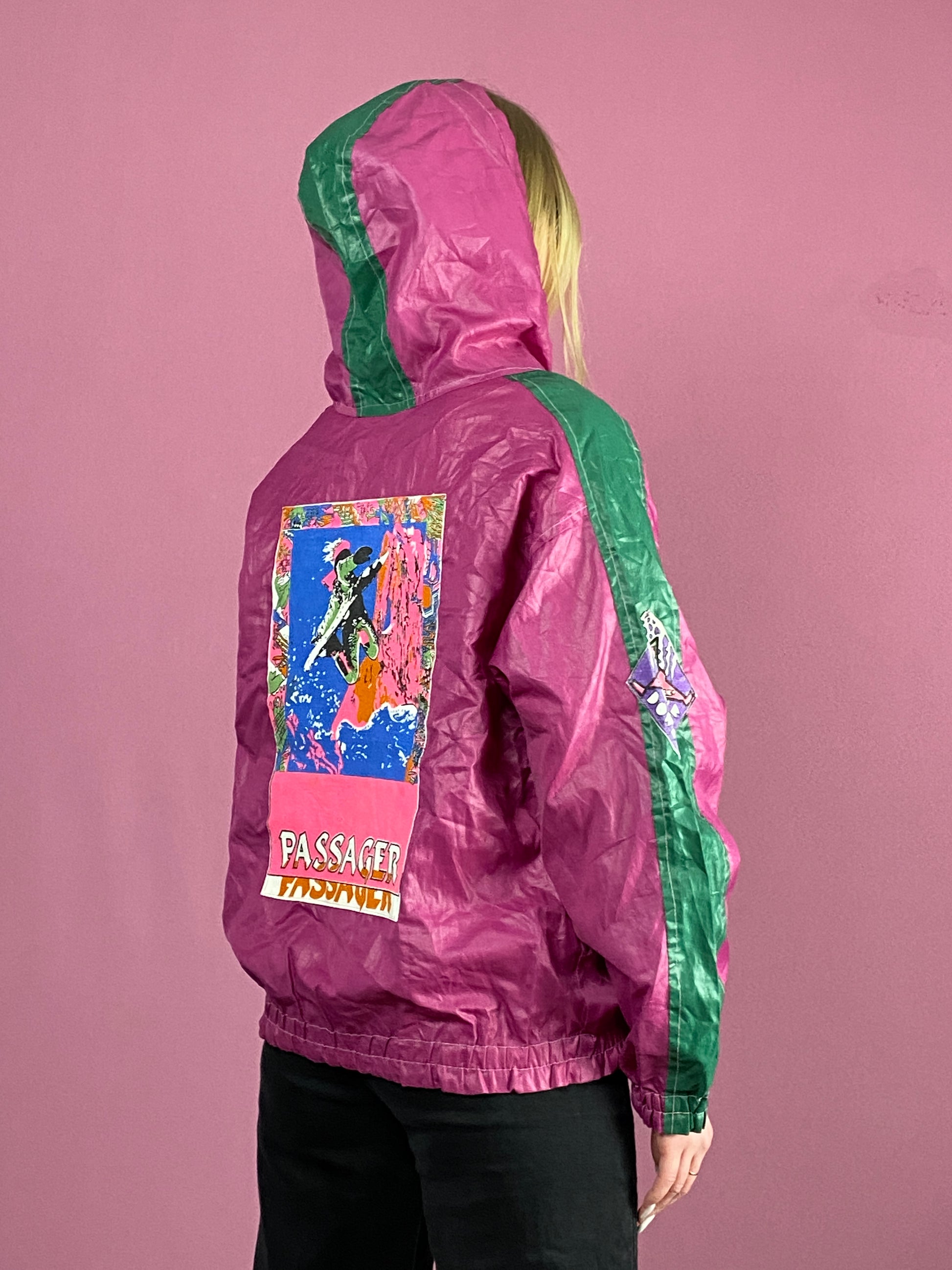 90s Vintage Women's Hooded Windbreaker Jacket - Medium Pink Nylon