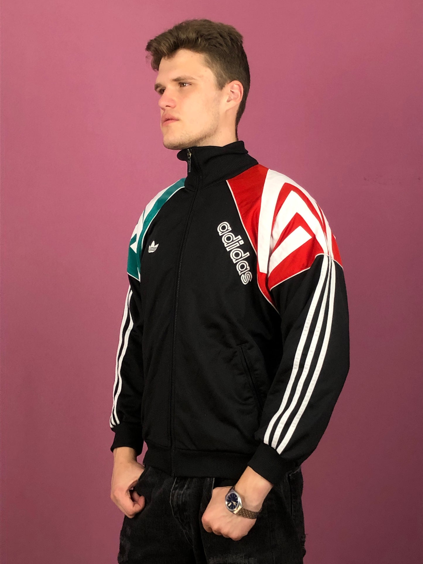 90s Adidas Vintage Men's Striped Track Jacket - Medium Black Polyester