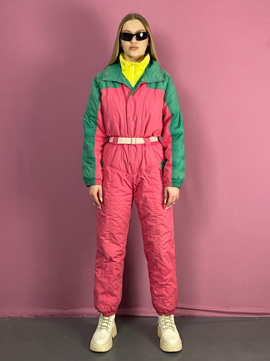 90s Loofc's Vintage Women's One Piece Ski Suit - Large Pink & Multicolor Polyester Blend