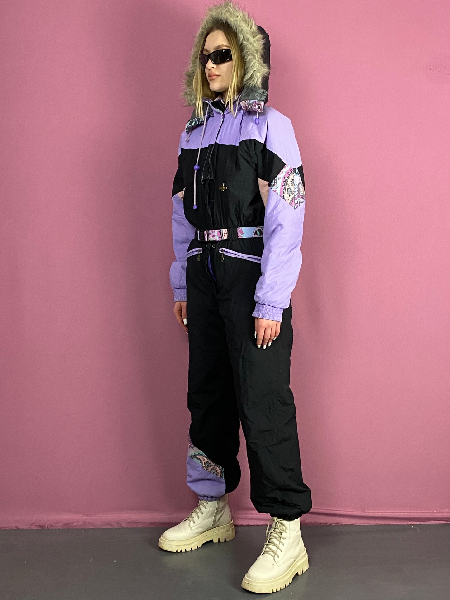 90s Vintage Women's One Piece Ski Suit - Large Black & Purple Nylon