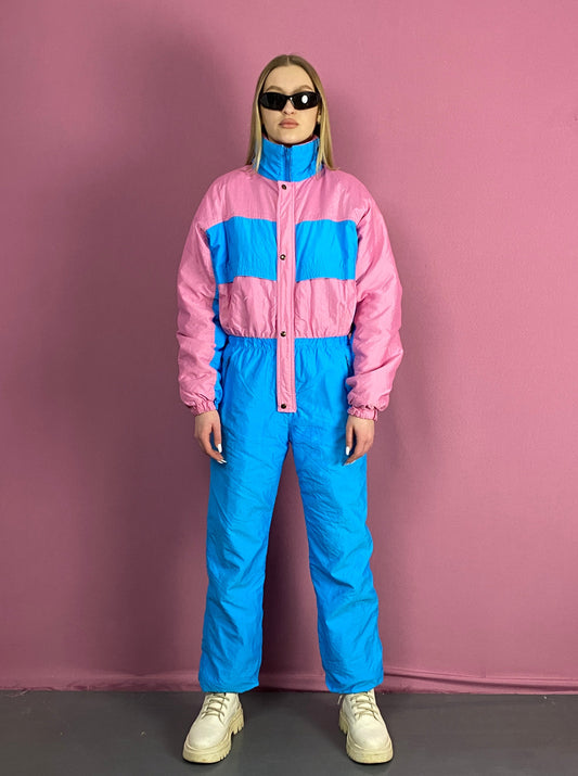 90s Vintage Women's One Piece Ski Suit - Medium Pink & Blue Nylon