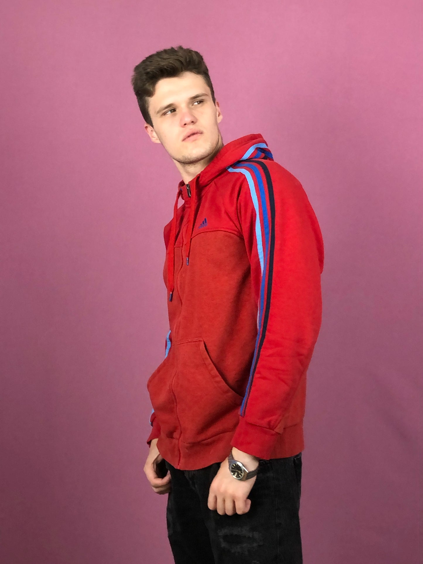 Adidas Vintage Men's Zip Hoodie - Large Red Cotton Blend