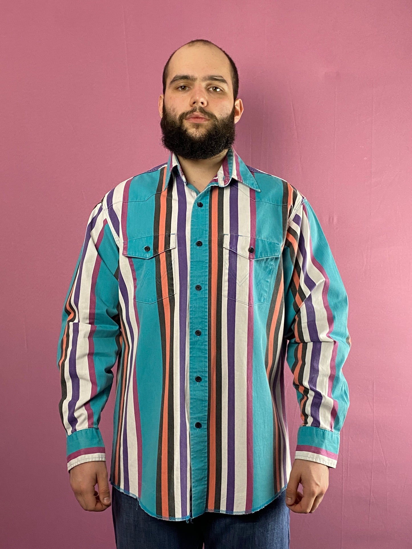 80s Wrangler Vintage Men's Western Brushpopper Striped Shirt - XL Multicolor & Blue Cotton