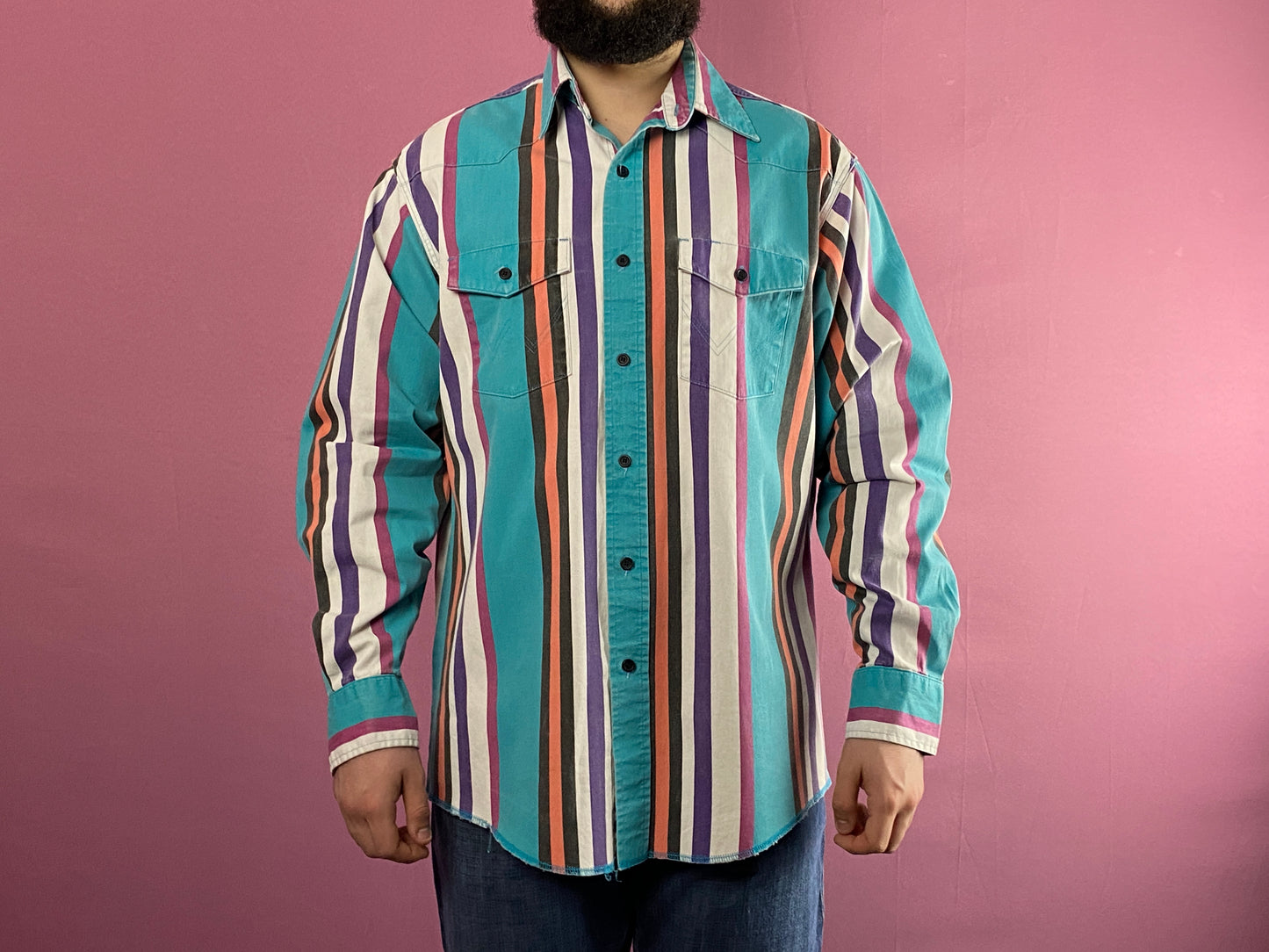 80s Wrangler Vintage Men's Western Brushpopper Striped Shirt - XL Multicolor & Blue Cotton Front