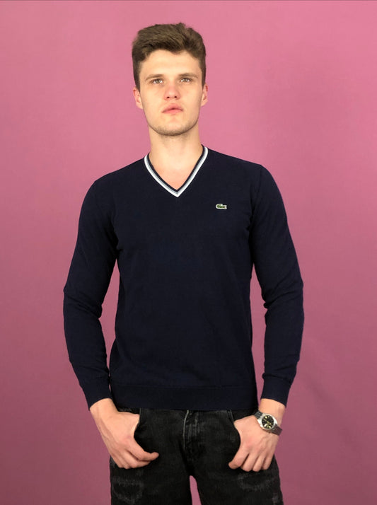 Lacoste Vintage Men's V Neck Sweater - Large Navy Blue Cotton