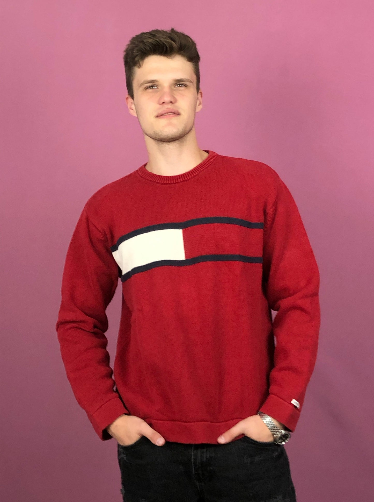 Tommy Hilfiger Vintage Men's Sweater - Large Red Cotton