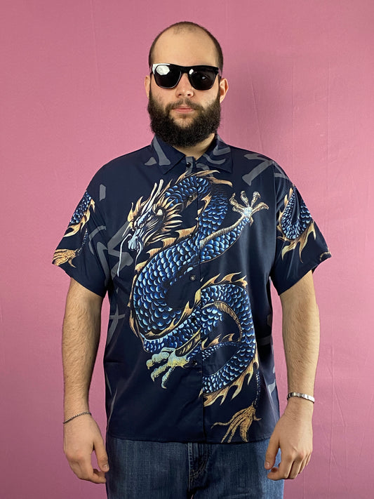 Vintage Men's Chinese Dragon Print Short Sleeve Shirt - L Navy Blue Polyester