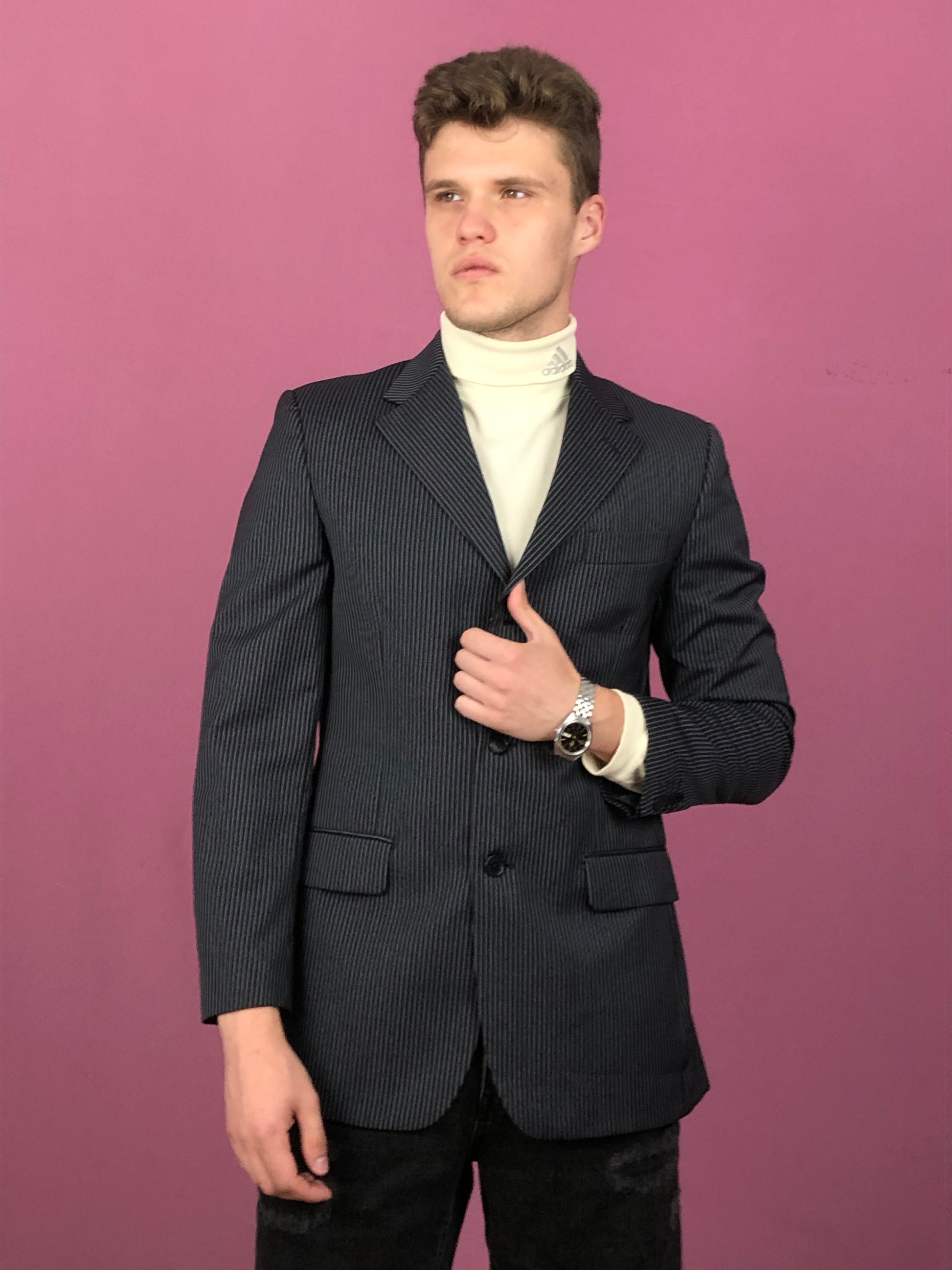Ferre Vintage Men's Striped Suit Blazer - Medium Gray Wool