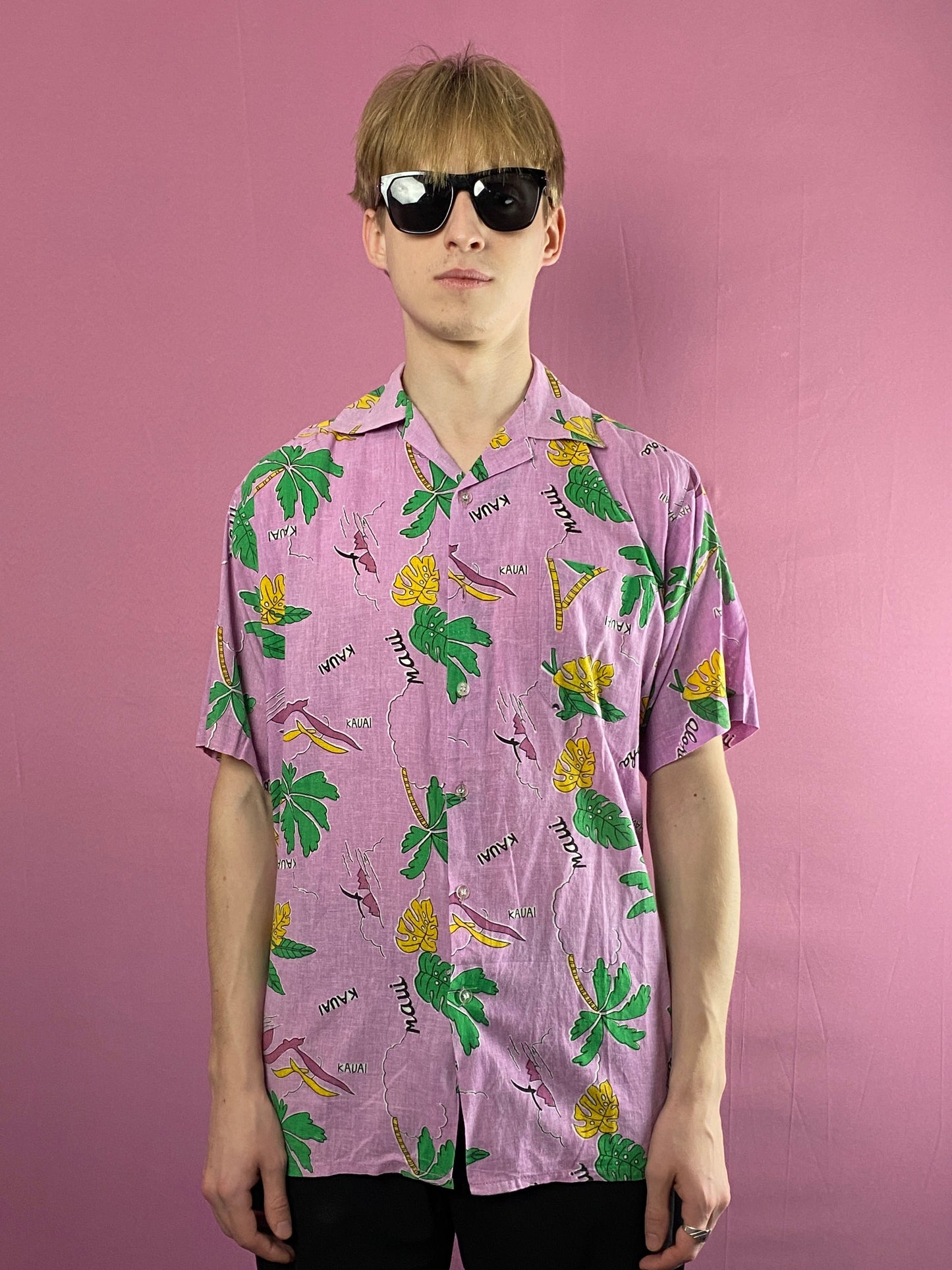 80s Sun Light Vintage Men's Palms Print Hawaiian Shirt - S Pink Cotton