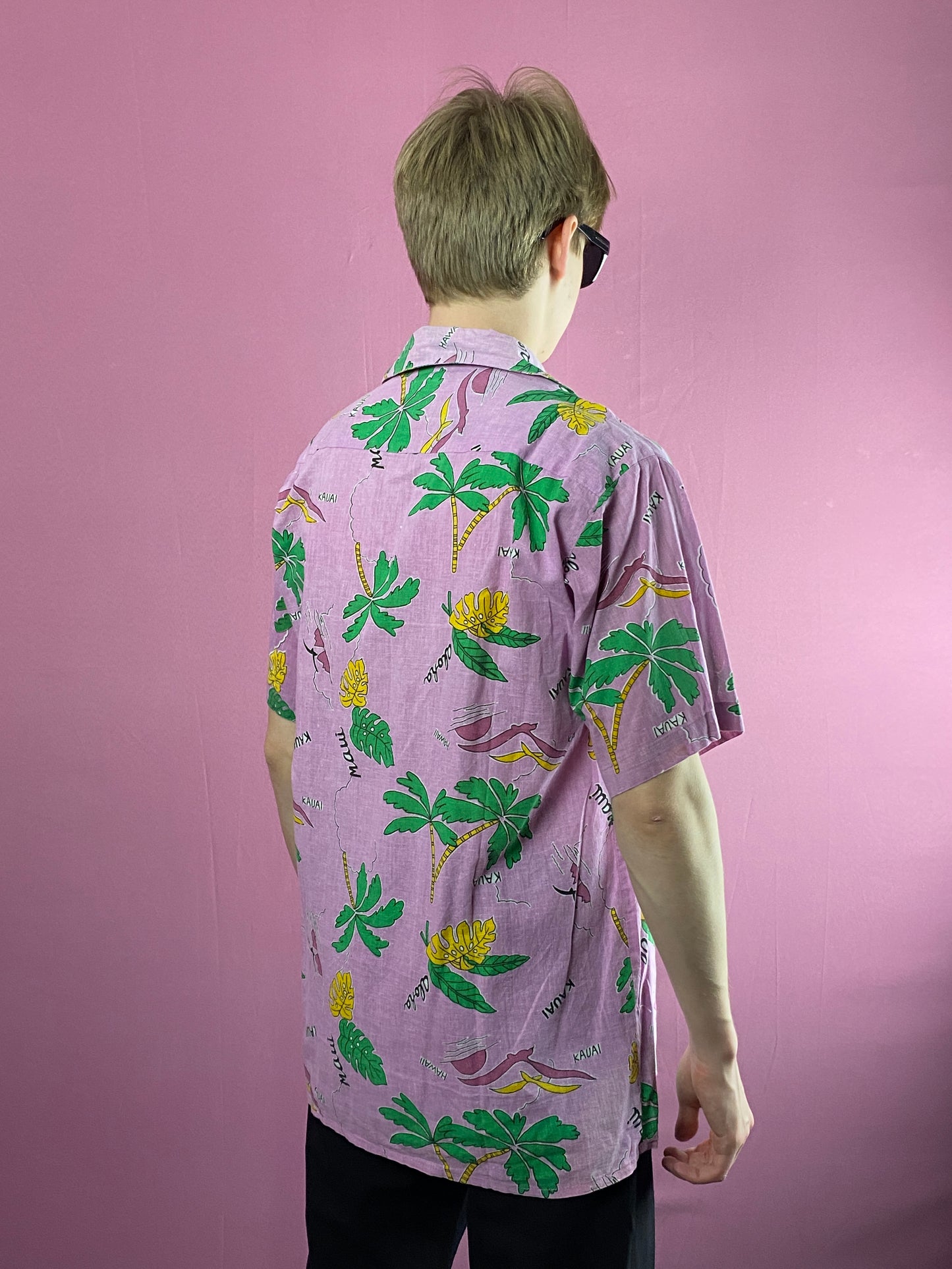 80s Sun Light Vintage Men's Palms Print Hawaiian Shirt - S Pink Cotton