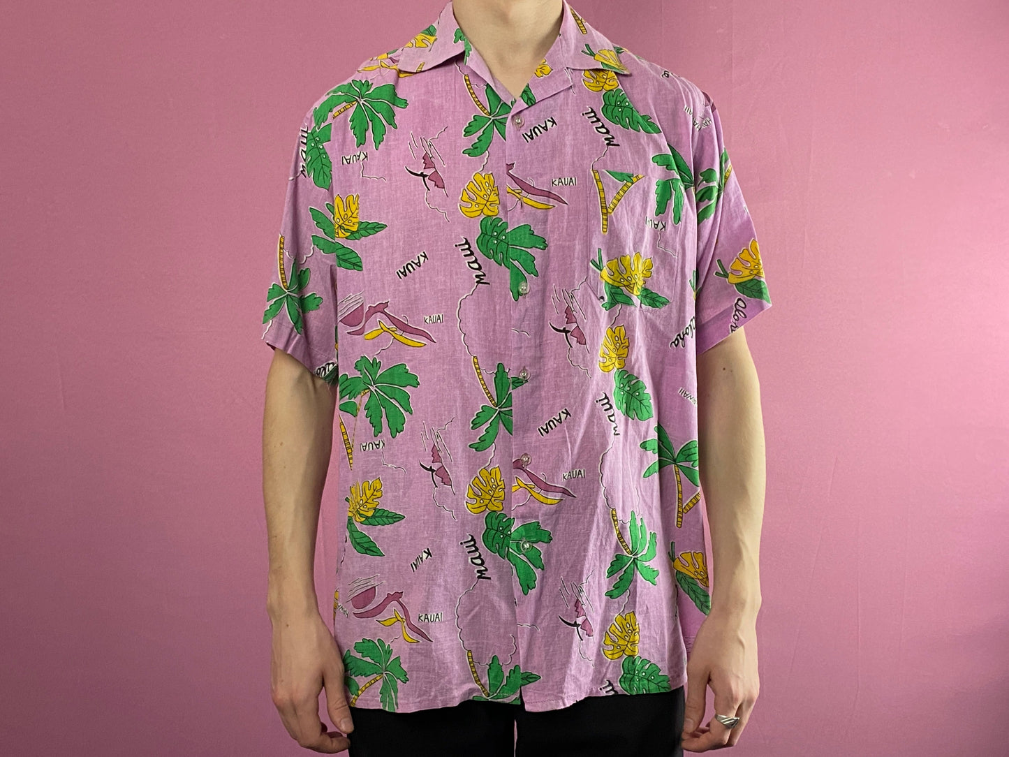 80s Sun Light Vintage Men's Palms Print Hawaiian Shirt - S Pink Cotton