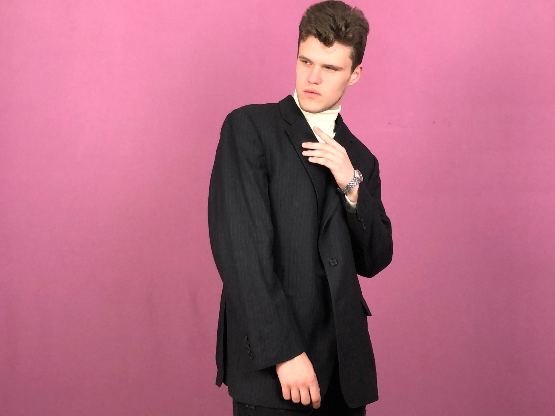 90s Burberrys Vintage Men's Striped Suit Blazer - Large Black Wool