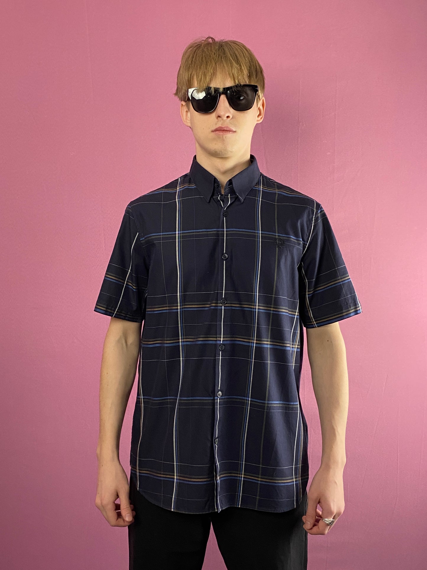 Fred Perry Vintage Men's Plaid Short Sleeve Shirt - L Navy Blue Cotton