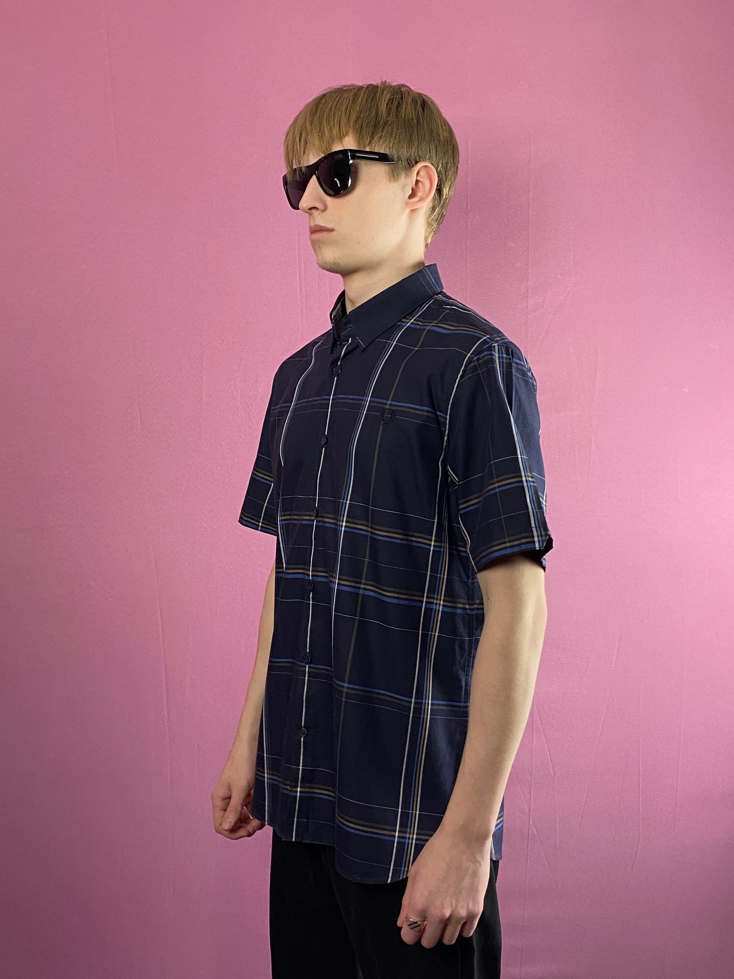 Fred Perry Vintage Men's Plaid Short Sleeve Shirt - L Navy Blue Cotton