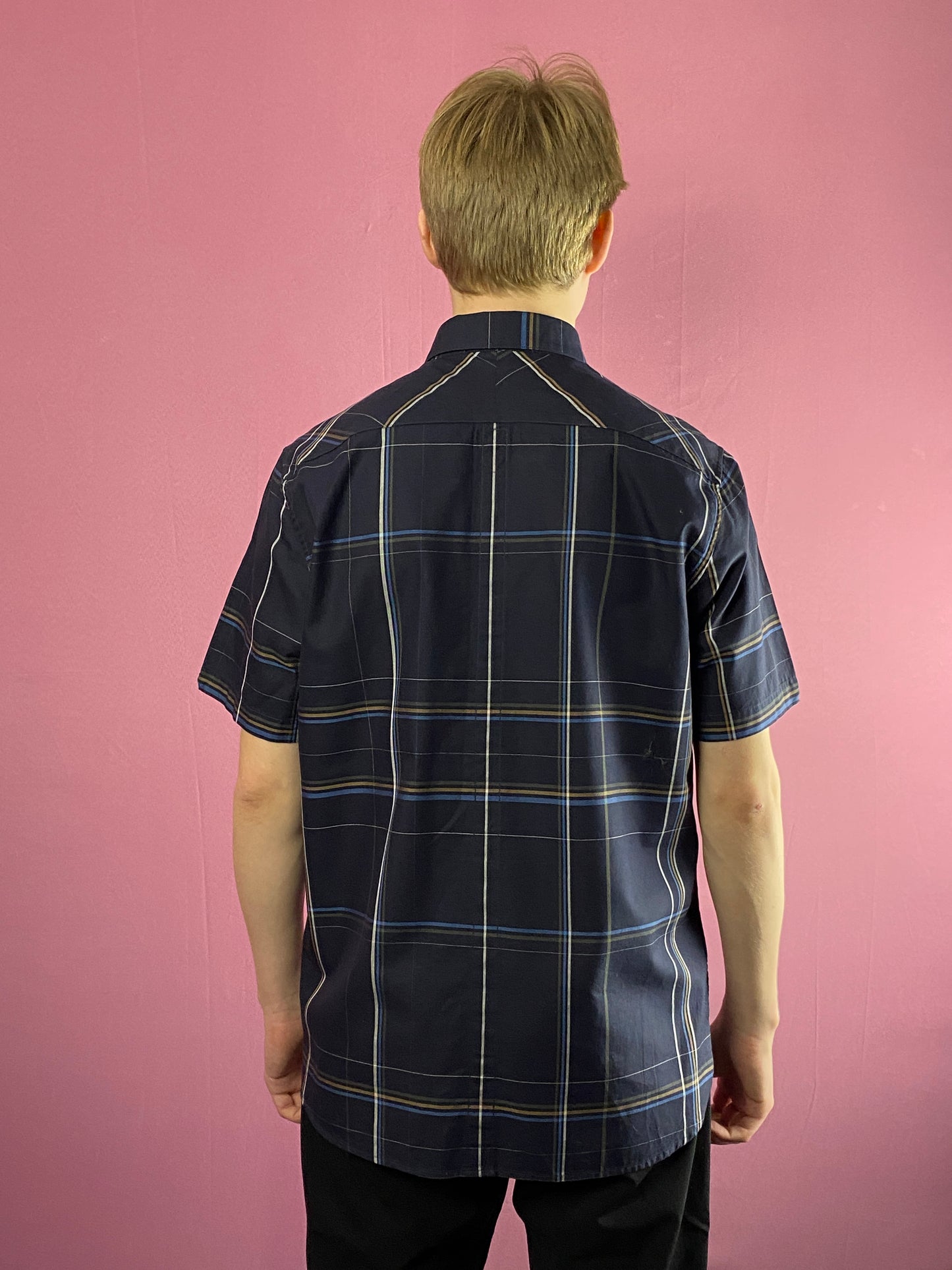 Fred Perry Vintage Men's Plaid Short Sleeve Shirt - L Navy Blue Cotton