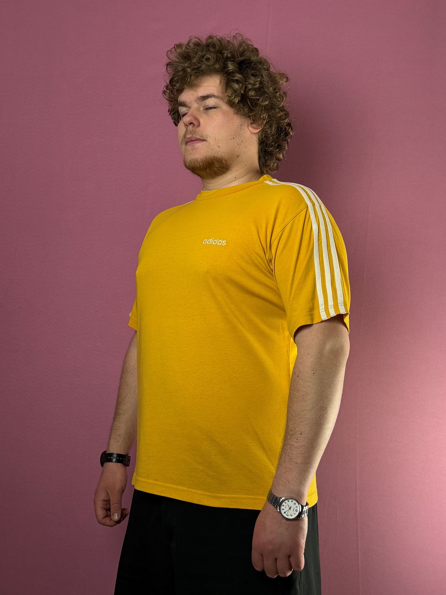 90s Adidas Vintage Men's T-Shirt - L Yellow Cotton Blend