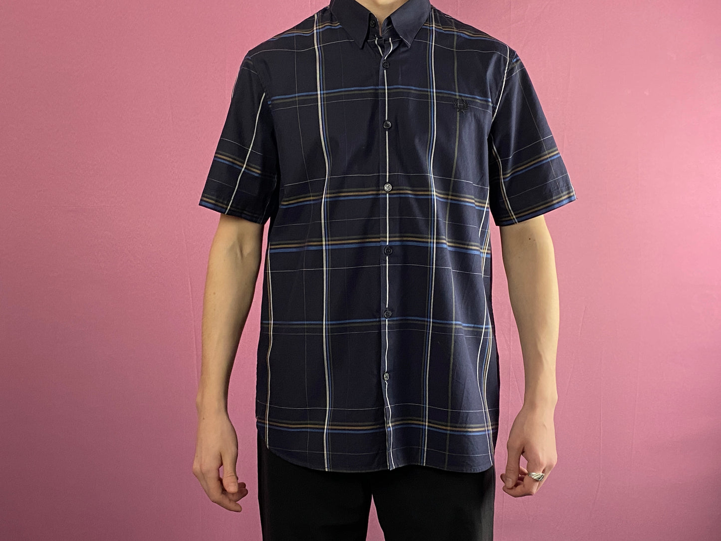 Fred Perry Vintage Men's Plaid Short Sleeve Shirt - L Navy Blue Cotton