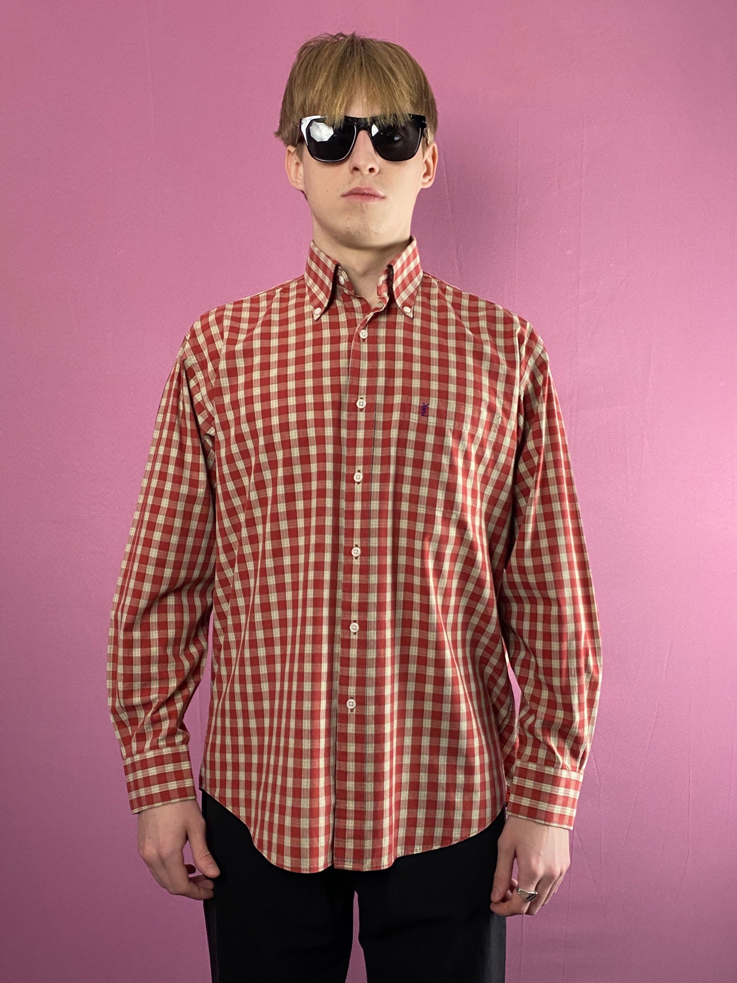 Yves Saint Laurent Vintage Men's Plaid Shirt - S Red & White Cotton Blend