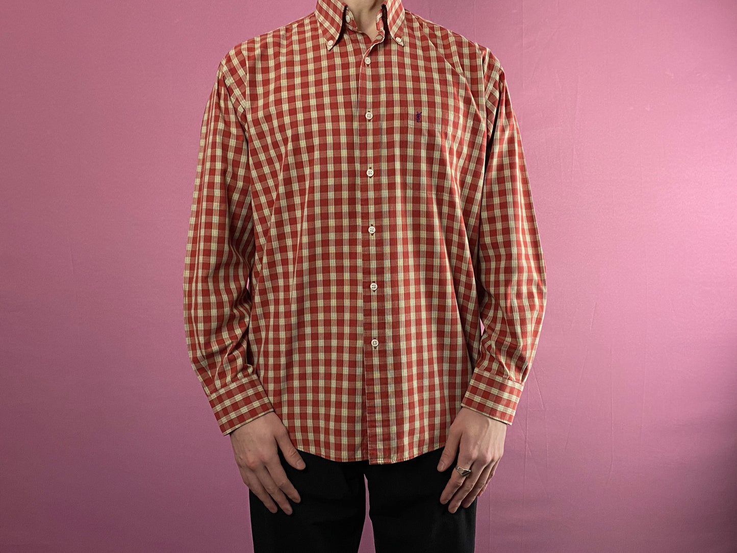 Yves Saint Laurent Vintage Men's Plaid Shirt - S Red & White Cotton Blend