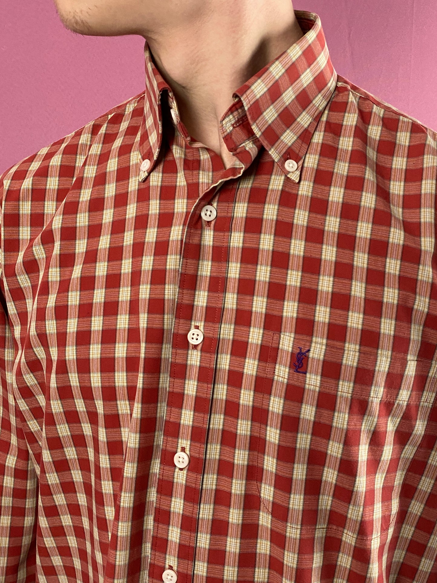 Yves Saint Laurent Vintage Men's Plaid Shirt - S Red & White Cotton Blend