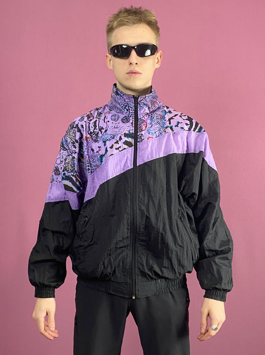 90s Vintage Men's Abstract Windbreaker Jacket - Medium Black & Purple