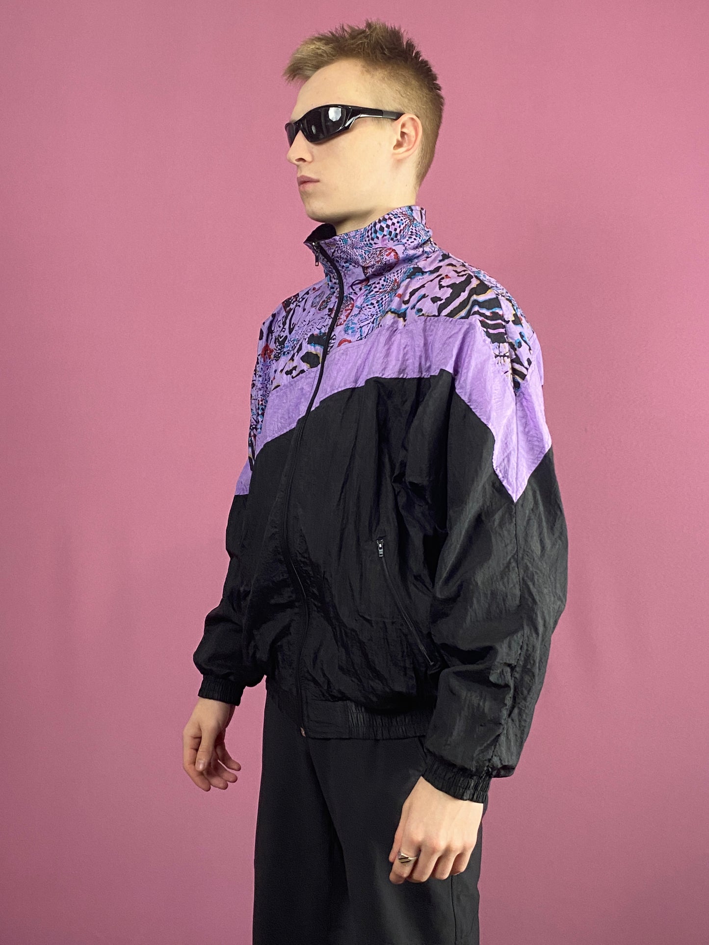 90s Vintage Men's Abstract Windbreaker Jacket - Medium Black & Purple
