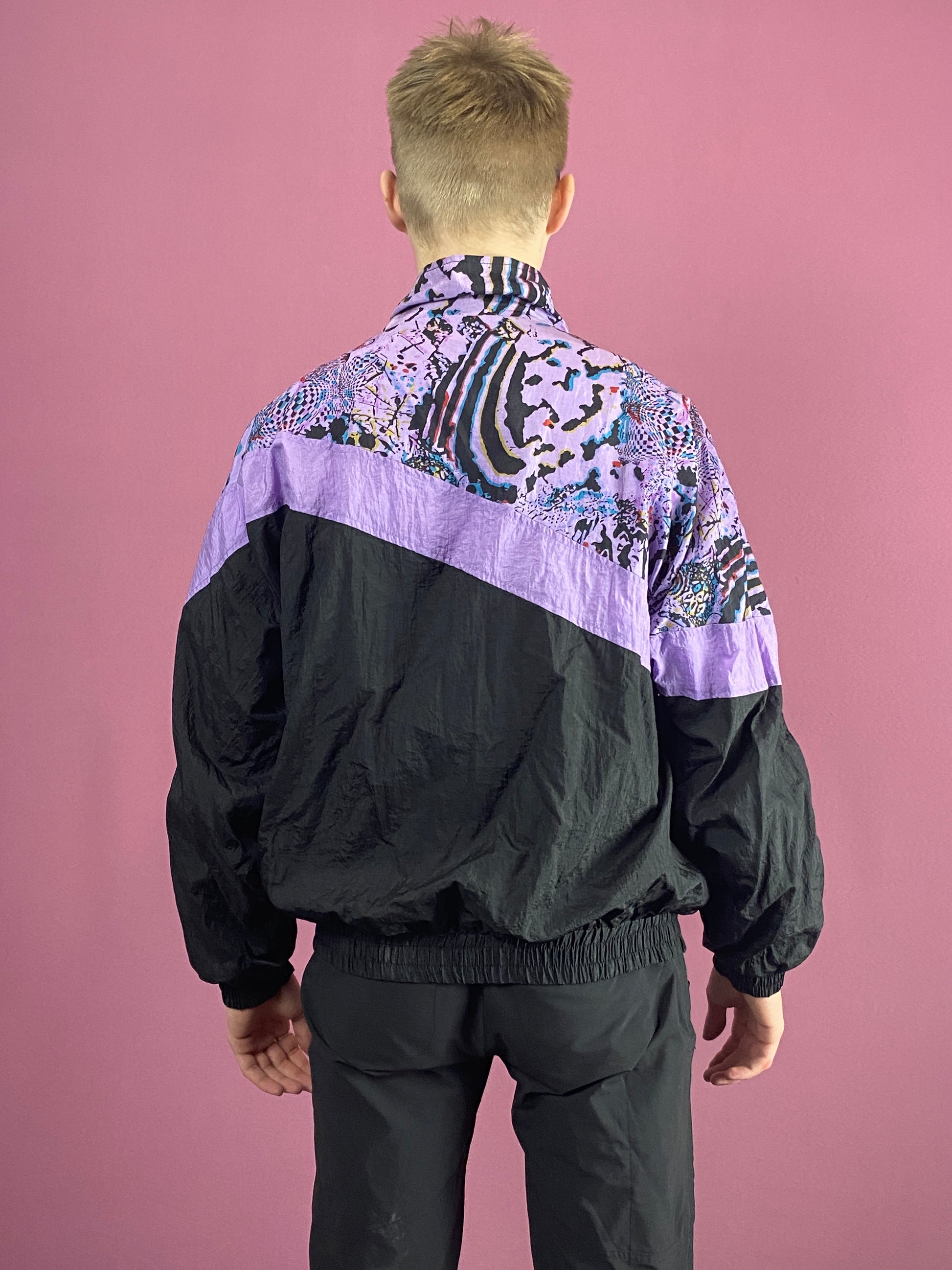 90s Vintage Men's Abstract Windbreaker Jacket - Medium Black & Purple