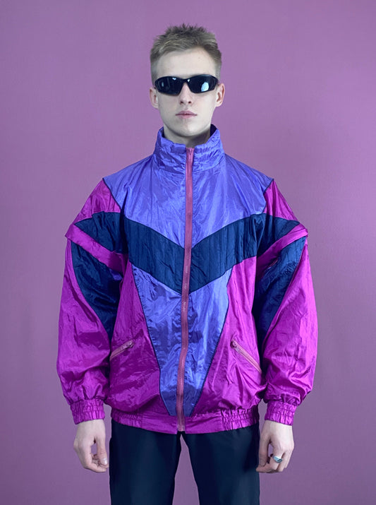 90s Ybes Vintage Men's Windbreaker Jacket - Large Pink & Multicolor Nylon