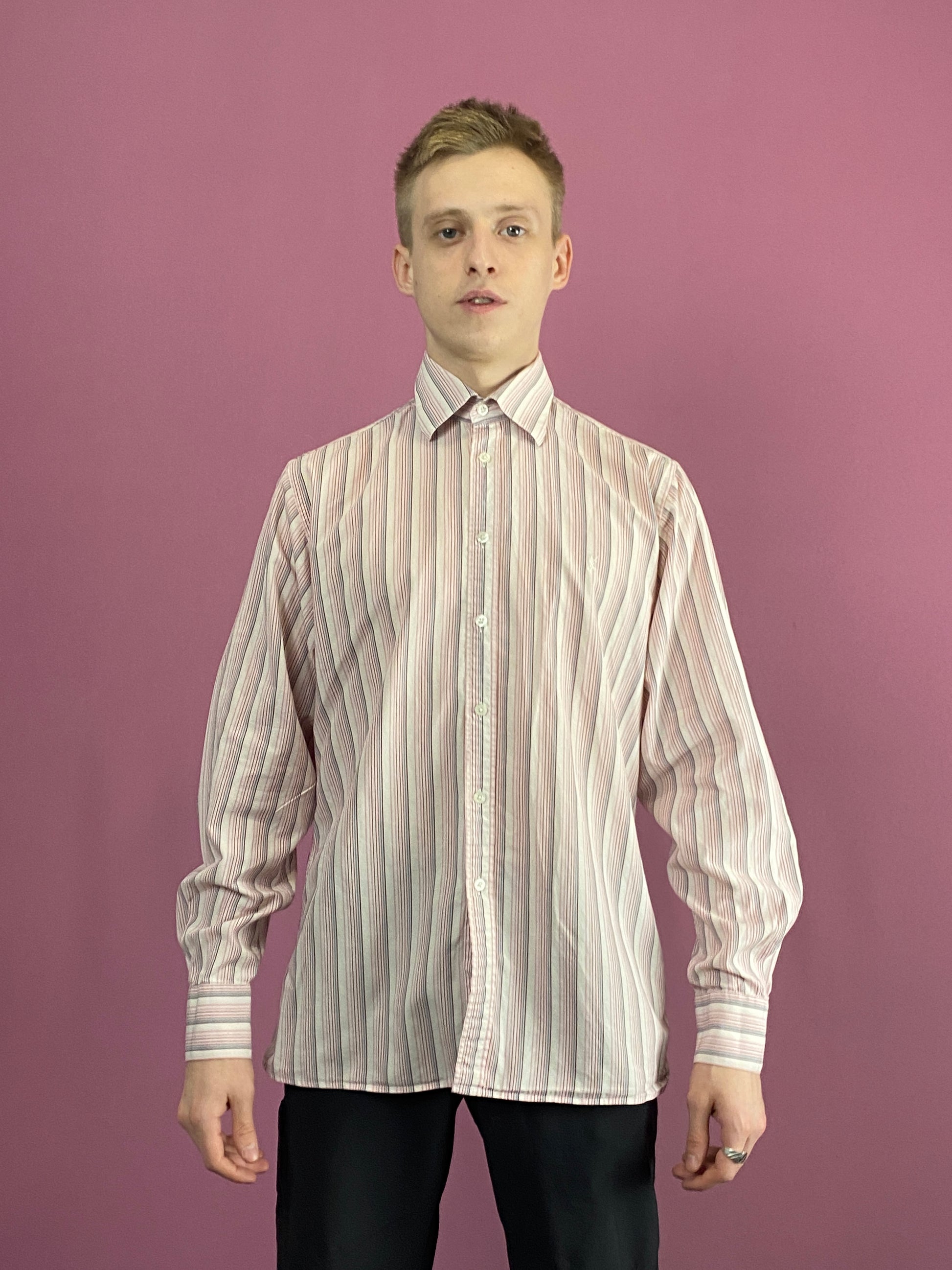 Yves Saint Laurent Vintage Men's Striped Shirt - Medium White & Pink Cotton