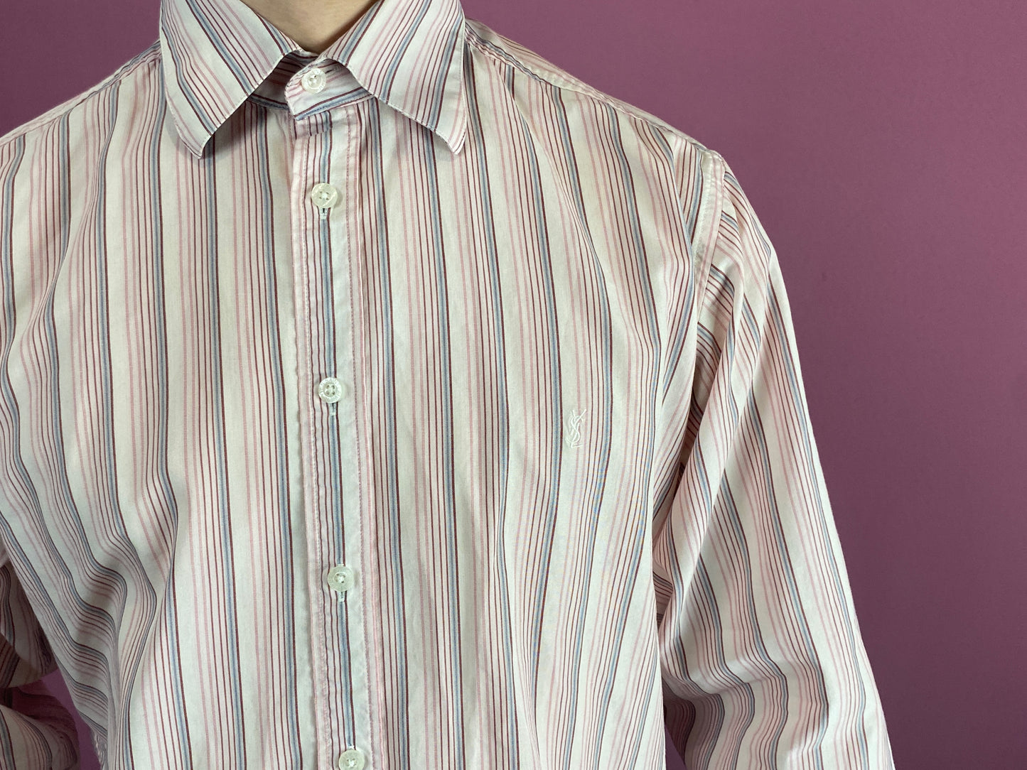 Yves Saint Laurent Vintage Men's Striped Shirt - Medium White & Pink Cotton