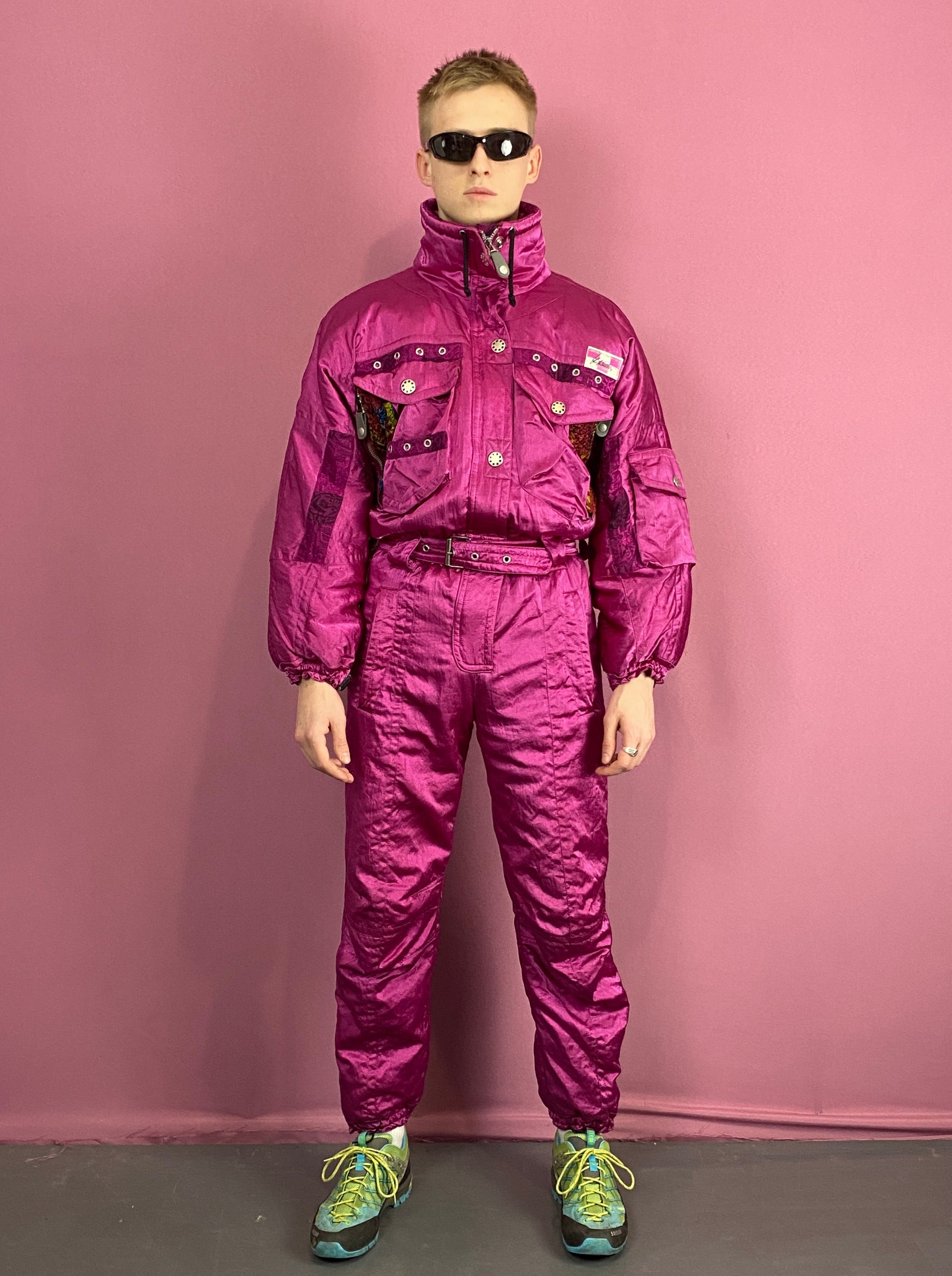 90s High Society Vintage Men's One Piece Ski Suit - Small Pink Nylon