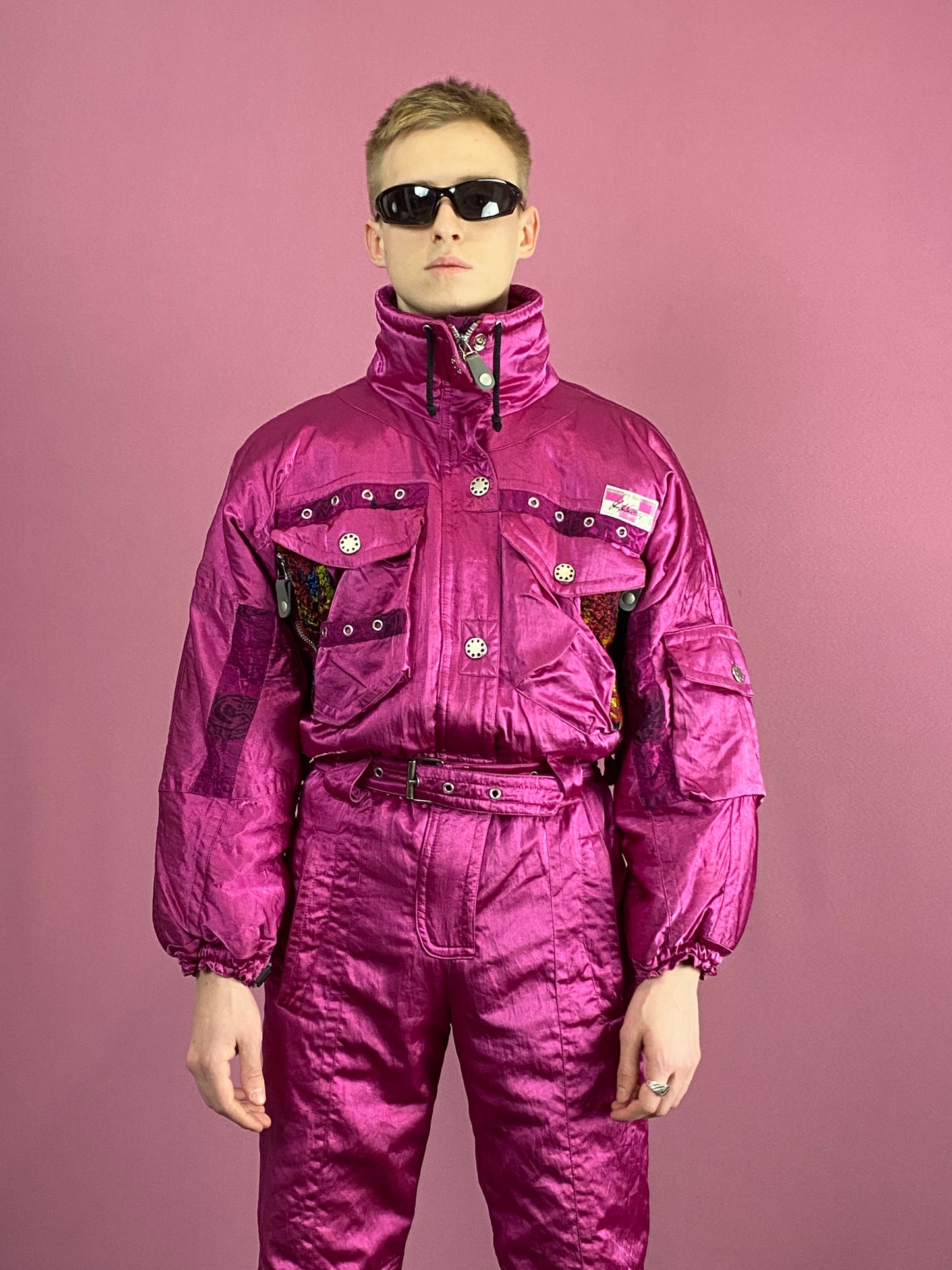 90s High Society Vintage Men's One Piece Ski Suit - Small Pink Nylon
